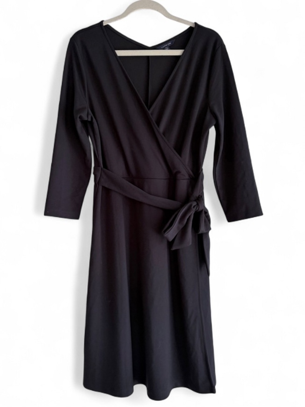 Lands' End Black 3/4 Sleeve Wrap Front Knit Midi Dress Size 10-12